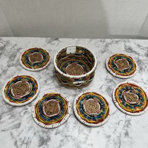 Cotidiana Set Of 6 Multicolor Coasters & Matching Holder, Basket Weave/Plastic